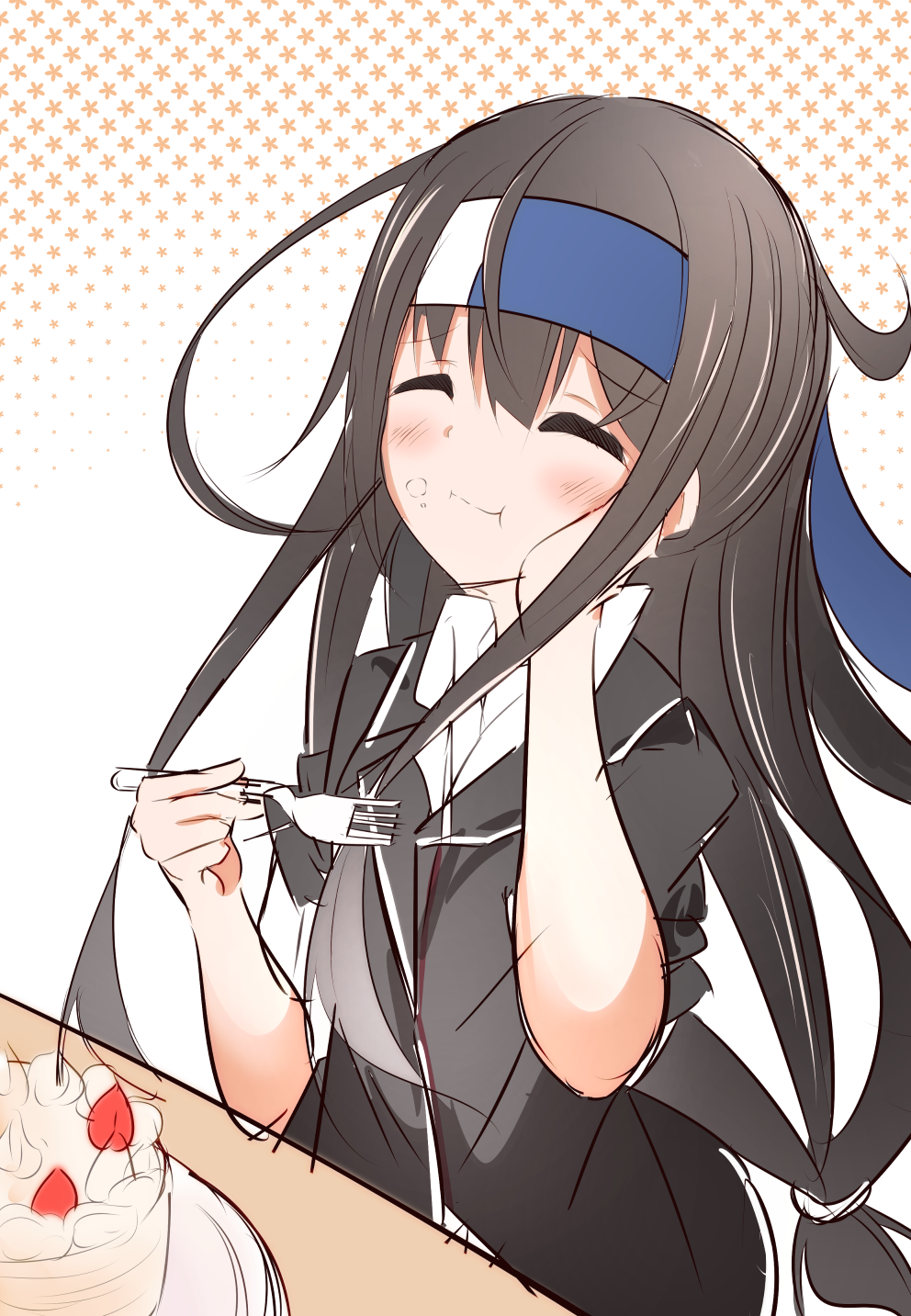 acchii_(akina) black_hair cake closed_eyes cream cream_on_face eating food food_on_face foodgasm fork fruit hand_on_own_cheek happy hatsushimo_(kantai_collection) headband highres kantai_collection long_hair remodel_(kantai_collection) school_uniform sketch solo strawberry strawberry_shortcake