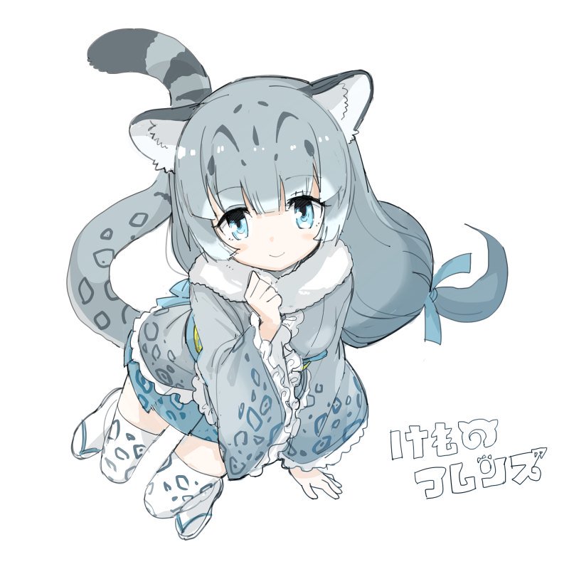 animal_ears animal_print bangs blue_eyes blue_ribbon blue_skirt blunt_bangs blush blush_stickers clenched_hand commentary_request copyright_name eyebrows_visible_through_hair eyelashes frilled_shirt frilled_sleeves frills from_above fur_collar grey_hair hair_ornament hair_ribbon invisible_chair jpeg_artifacts kanemaru_(knmr_fd) kemono_friends leopard_ears leopard_print leopard_tail long_hair long_sleeves looking_at_viewer looking_away low-tied_long_hair multicolored_hair official_art pleated_skirt ribbon sandals shirt sidelocks simple_background sitting skirt smile snow_leopard_(kemono_friends) socks solo tail tareme thighhighs white_background white_hair wide_sleeves zettai_ryouiki