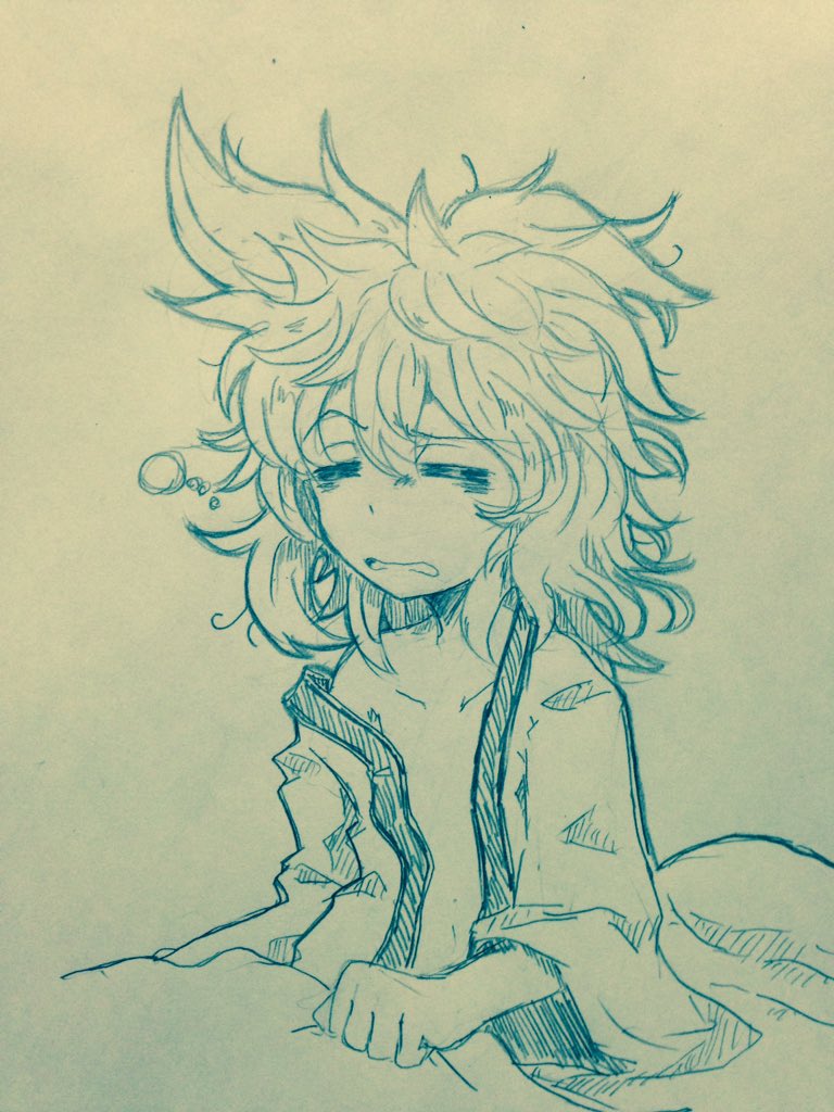 =_= bangs closed_eyes collarbone commentary efukei eyebrows_visible_through_hair facing_viewer hair_between_eyes long_sleeves messy_hair monochrome navel open_clothes open_mouth pointy_hair short_hair sleepy slovenly solo touhou toyosatomimi_no_miko traditional_media upper_body waking_up