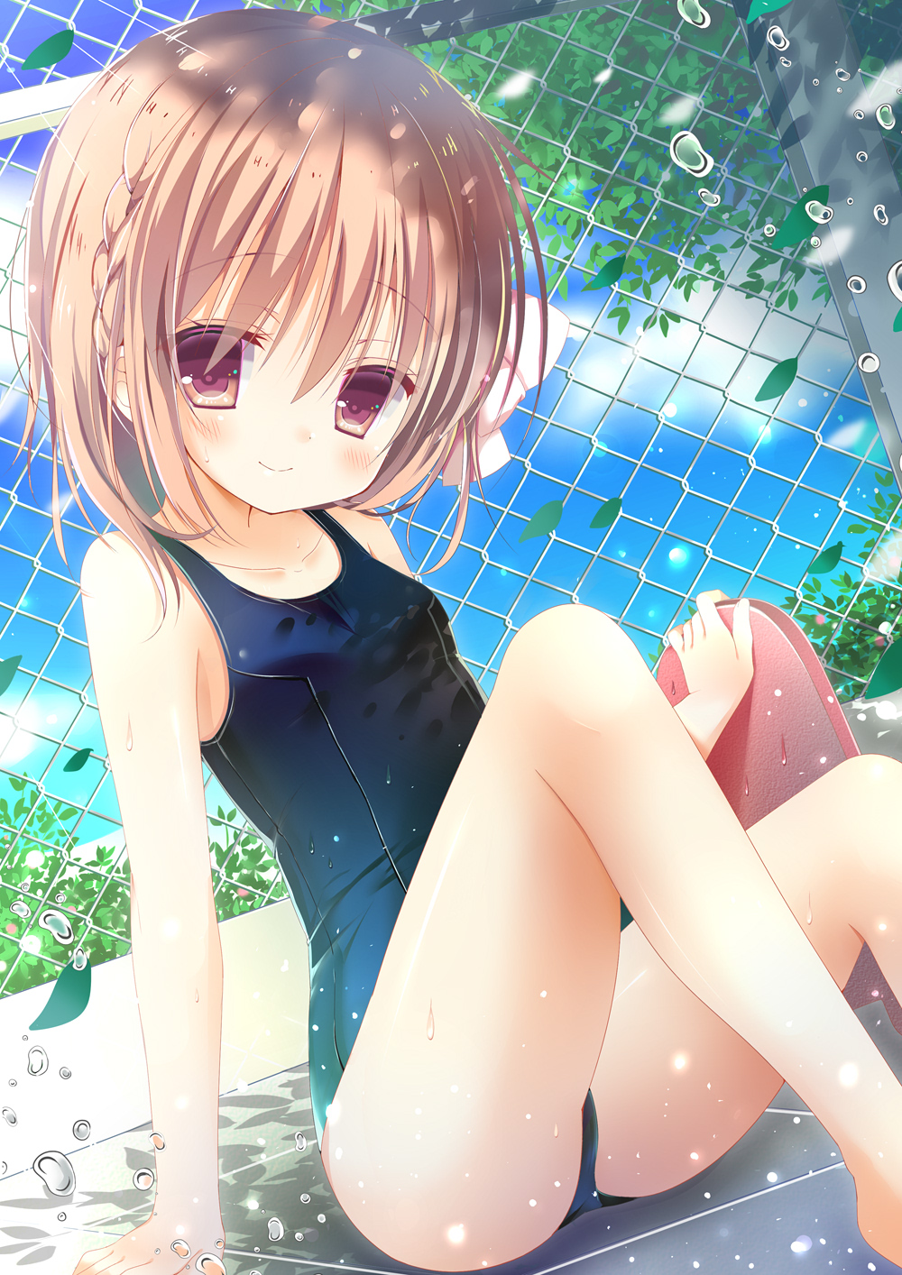 bangs blue_sky blue_swimsuit blush braid breasts brown_eyes brown_hair chain-link_fence closed_mouth cloud cloudy_sky collarbone day dutch_angle eyebrows_visible_through_hair fence hair_between_eyes highres holding kickboard looking_at_viewer moe2017 original outdoors petite school_swimsuit shiiba_nae sitting sky small_breasts smile solo swimsuit thighs tile_floor tiles