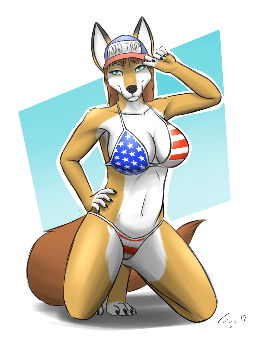 2017 anthro bikini blue_eyes breasts canine cayo clothing female fox hat invalid_tag looking_at_viewer mammal navel smile solo star stripes swimsuit united_states_of_america