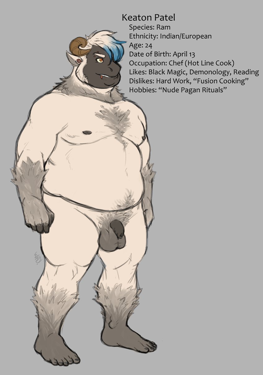 balls barefoot caprine english_text flaccid flat_colors hair hairy horn male mammal moobs multicolored_hair navel nude obese overweight overweight_male penis plantigrade standing text two_tone_hair wkd