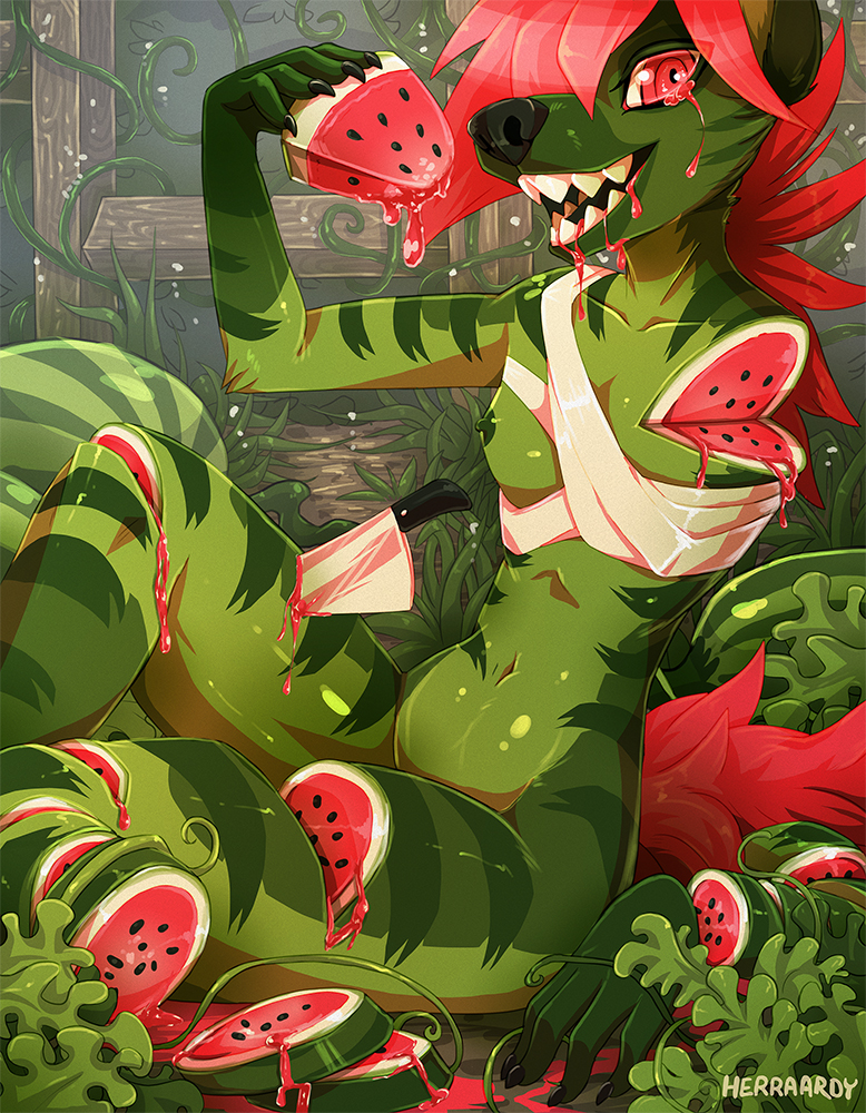 amputation anthro breasts candy_gore canine chest_wraps eating flora_fauna food fruit herr_aardy knife mammal melon navel nude one_arm outside plant self_vore sharp_teeth signature sitting slim smile teeth watermelon wraps