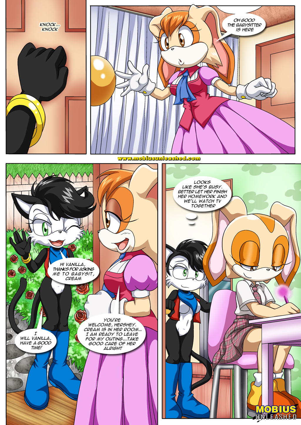 anthro bbmbbf cat clothing comic cream_the_rabbit feline female female/female hershey_the_cat lagomorph mammal mobius_unleashed palcomix rabbit sonic_(series) text vanilla_the_rabbit young