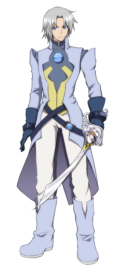 blue_eyes boots full_body gloves grey_hair male_focus pierre_de_chaltier simple_background solo sword tales_of_(series) tales_of_destiny utakata_masara weapon white_background