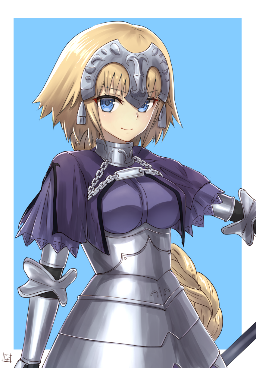 armor armored_dress artist_name bangs blue_background blue_eyes border braid breasts capelet chain closed_mouth fate/apocrypha fate_(series) gauntlets headpiece highres jeanne_d'arc_(fate) jeanne_d'arc_(fate)_(all) long_hair looking_at_viewer medium_breasts nayuhi_(yukimuu14) signature simple_background single_braid smile solo upper_body very_long_hair white_border