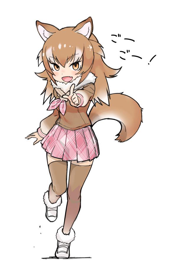 :d animal_ears arm_at_side blush brown_hair dot_nose empty_eyes eyebrows_visible_through_hair fang full_body fur_trim gradient_hair index_finger_raised japanese_wolf_(kemono_friends) jpeg_artifacts kanemaru_(knmr_fd) kemono_friends leg_up light_brown_eyes long_hair long_sleeves multicolored multicolored_hair multicolored_tail neckerchief official_art open_mouth pink_neckwear pink_skirt plaid plaid_skirt pleated_skirt pointing pointing_at_viewer puffy_sleeves sailor_collar sanpaku shadow sidelocks simple_background skirt smile solo standing standing_on_one_leg tail thighhighs tsurime two-tone_hair v-shaped_eyebrows white_background white_footwear white_hair wolf_ears wolf_girl wolf_tail zettai_ryouiki