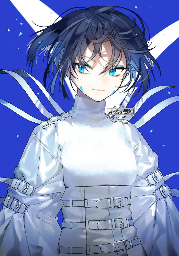 :| androgynous artist_name belt black_hair blue_background blue_eyes closed_mouth long_sleeves looking_at_viewer original shirt short_hair solo sukja upper_body white_shirt wide_sleeves