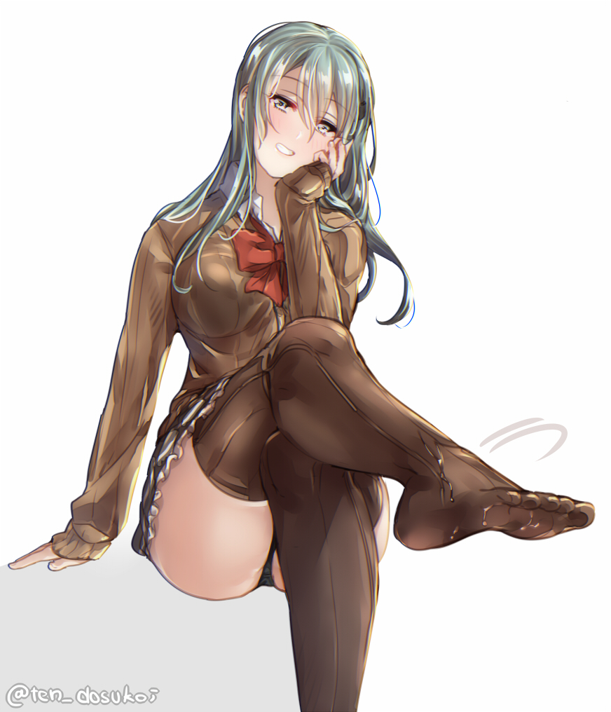 1girl aqua_eyes aqua_hair ascot black_panties blazer blush bow bowtie breasts brown_legwear brown_skirt cardigan closed_mouth commentary_request eyebrows feet grin hair_between_eyes hair_ornament hairclip jacket juurouta kantai_collection large_breasts long_hair long_sleeves looking_at_viewer open_cardigan open_clothes panties pleated_skirt red_bow remodel_(kantai_collection) school_uniform simple_background sitting skirt smile solo suzuya_(kantai_collection) thighhighs twitter_username underwear white_background
