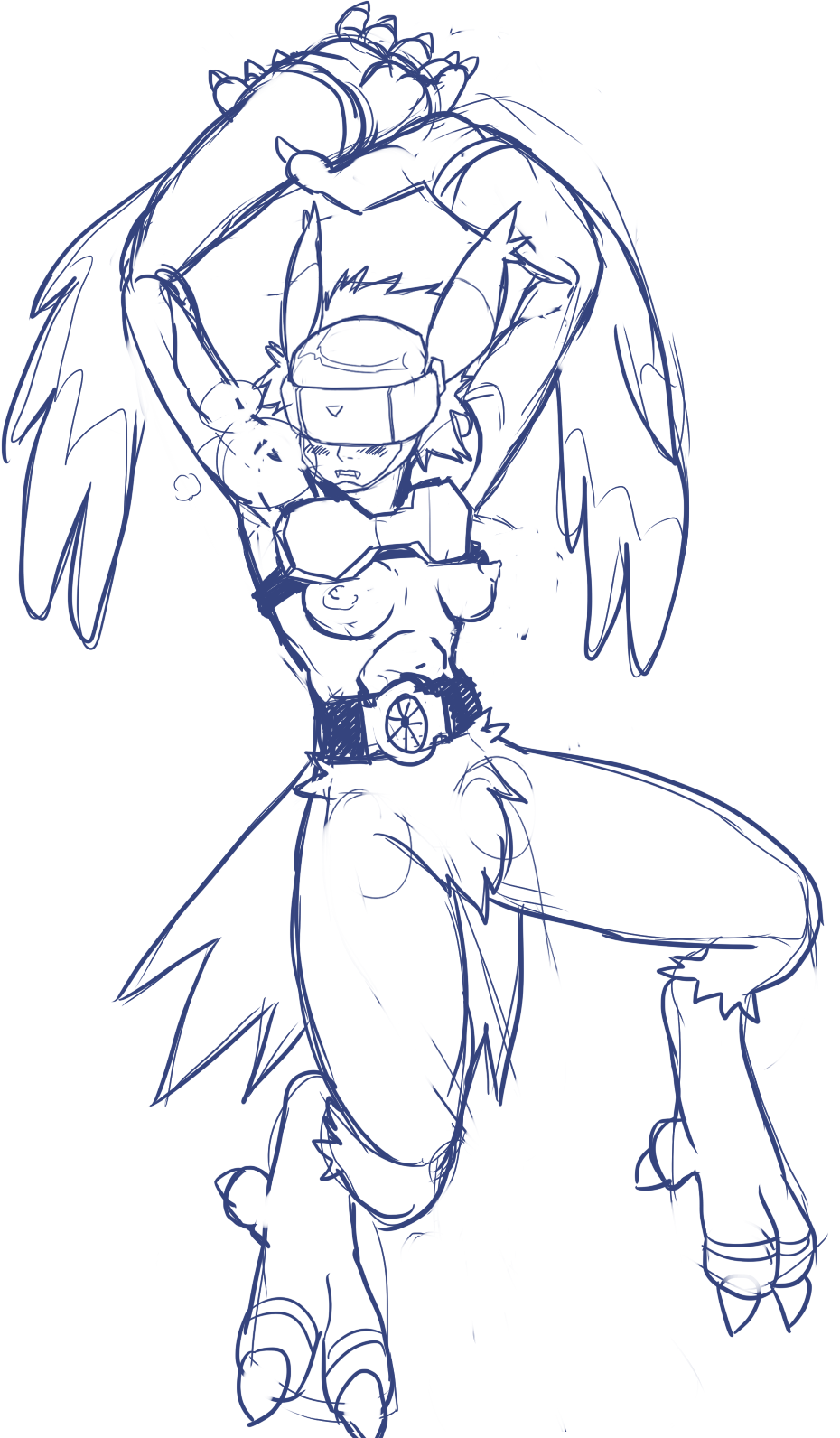 anthro armor belt big_feet blush breasts claws digimon fangs feathered_wings feathers female hair helmet long_ears mesozoid monochrome nipples obstructed_eyes panting silphymon simple_background sketch solo toe_claws visor wings