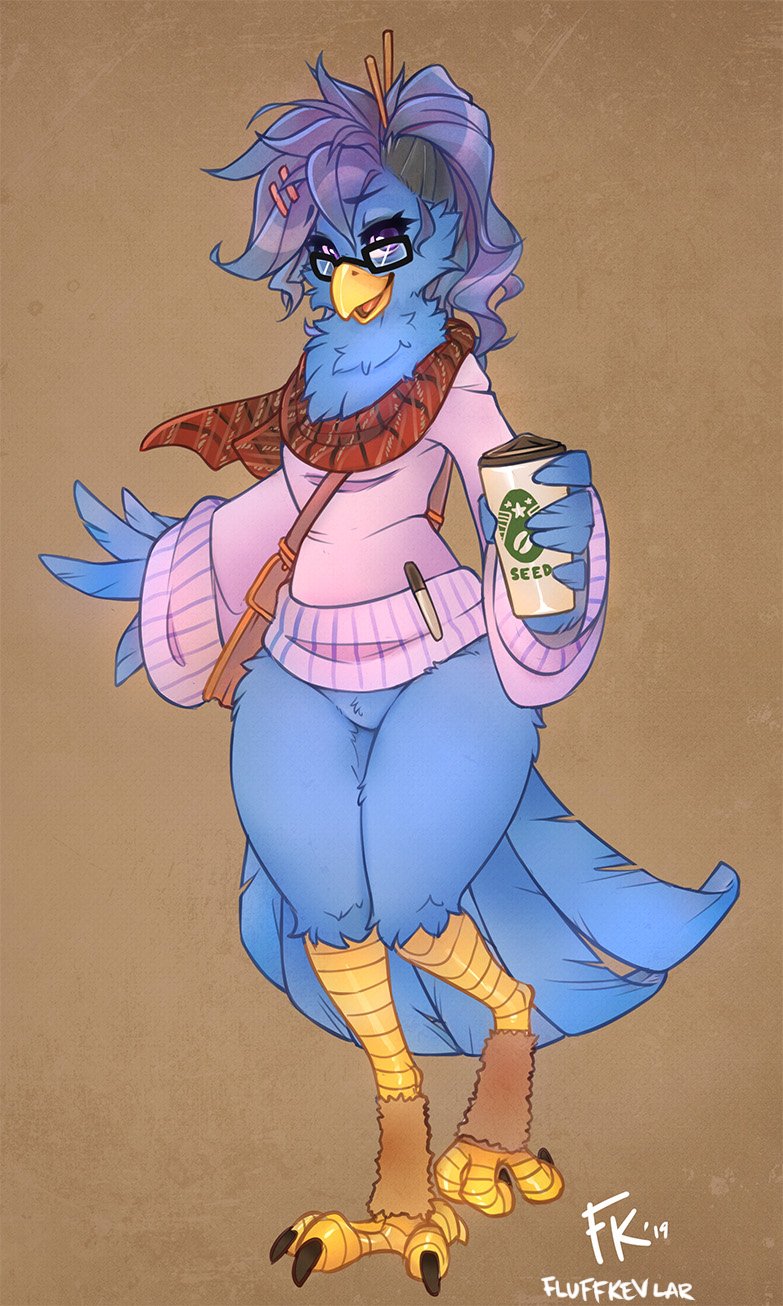 2019 anthro avian bag beak beverage bird blue_eyes blue_feathers bottomless chest_tuft clothed clothing coffee coffee_cup digital_media_(artwork) eyewear feathered_wings feathers featureless_crotch female fluff-kevlar furgonomics glasses hair hair_sticks hairclip holding_object leg_warmers legwear long_sleeves looking_at_viewer meme messy_hair open_mouth partially_clothed pen raised_leg scarf simple_background smile solo standing sweater tail_feathers talons tongue tuft tweetfur twitter wings