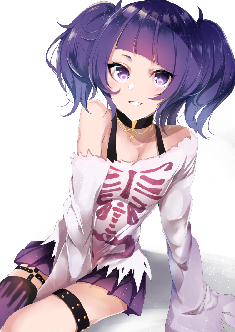 1girl ashino bangs bare_shoulders black_choker blush bra_strap breasts choker collarbone cross diagonal_bangs garter_straps idolmaster idolmaster_shiny_colors long_sleeves looking_at_viewer medium_breasts parted_lips pleated_skirt purple_eyes purple_hair shirt short_twintails simple_background sitting skirt sleeves_past_wrist smile solo tanaka_mamimi thigh_strap thighhighs twintails white_background white_shirt