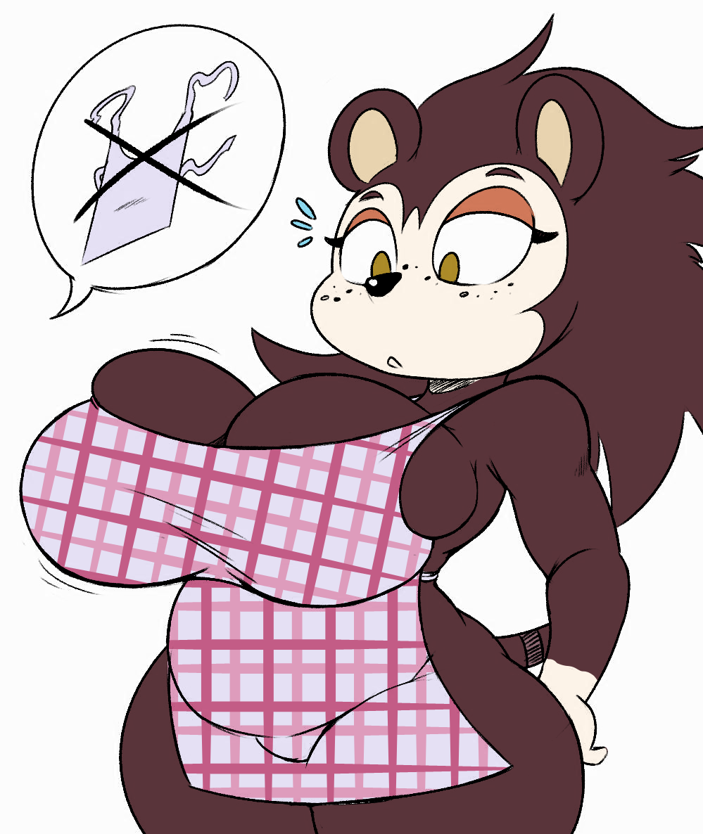 2018 animal_crossing anthro apron big_breasts breast_expansion breasts cleavage clothed clothing eulipotyphlan female freckles hedgehog huge_breasts mammal monochrome nintendo pictographics purple_yoshi_draws sable_able short_stack sketch solo speech_bubble video_games