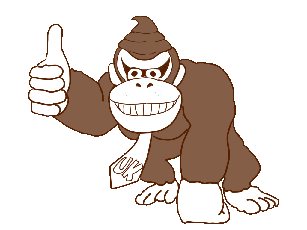 artist_request brown clothes_writing donkey_kong donkey_kong_(series) full_body gorilla grin looking_at_viewer monochrome necktie no_humans parted_lips poop smile source_request standing teeth thumbs_up transparent_background