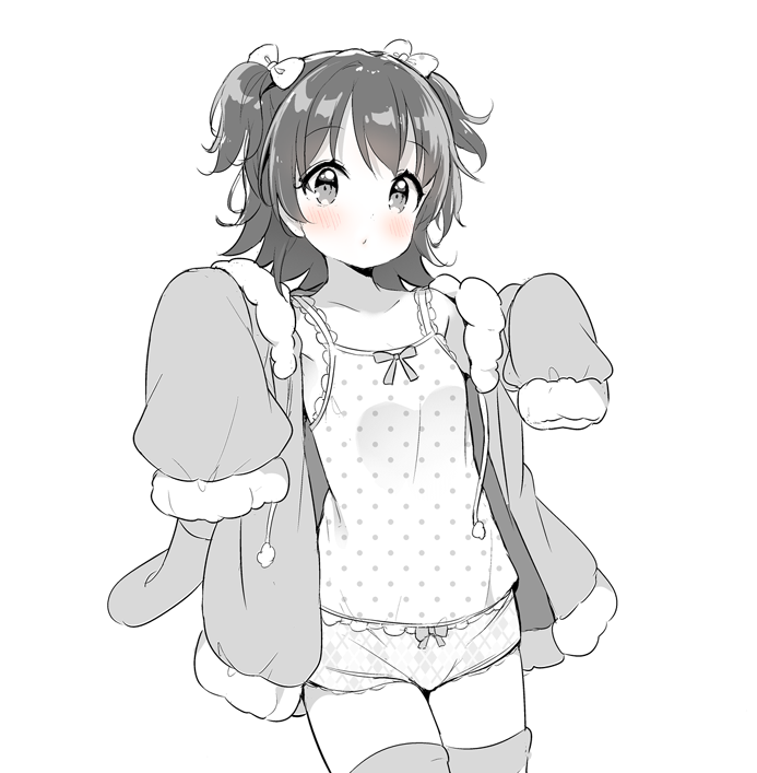 akagi_miria blush bow chemise coat hair_bow idolmaster idolmaster_cinderella_girls looking_at_viewer monochrome short_hair simple_background sketch solo spot_color thighhighs twintails two_side_up white_background yazawa_oke