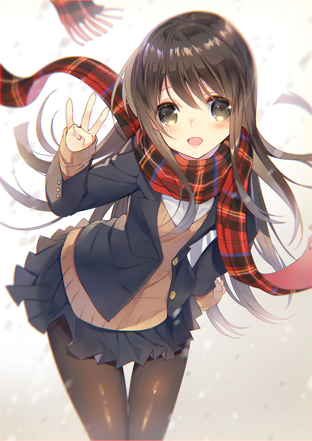 bad_anatomy bad_hands bangs black_legwear black_skirt blazer blush brown_eyes brown_hair brown_sweater cowboy_shot floating_hair fringe_trim hair_between_eyes hand_on_hip highres jacket leaning_forward long_hair long_scarf looking_at_viewer open_clothes open_jacket open_mouth original pantyhose plaid plaid_scarf pleated_skirt red_scarf rugo scarf school_uniform skirt sleeves_past_wrists smile solo sweater