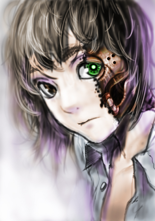 androgynous android brown_eyes burnt buttons closed_mouth collarbone collared_shirt damaged expressionless face glowing glowing_eye green_eyes grey_hair heterochromia looking_at_viewer mechanical_parts metropolis no_humans open_clothes open_shirt parts_exposed shirt skinned skull solo spoilers teeth teru_sakura tima_(metropolis) unbuttoned unbuttoned_shirt white_shirt wing_collar