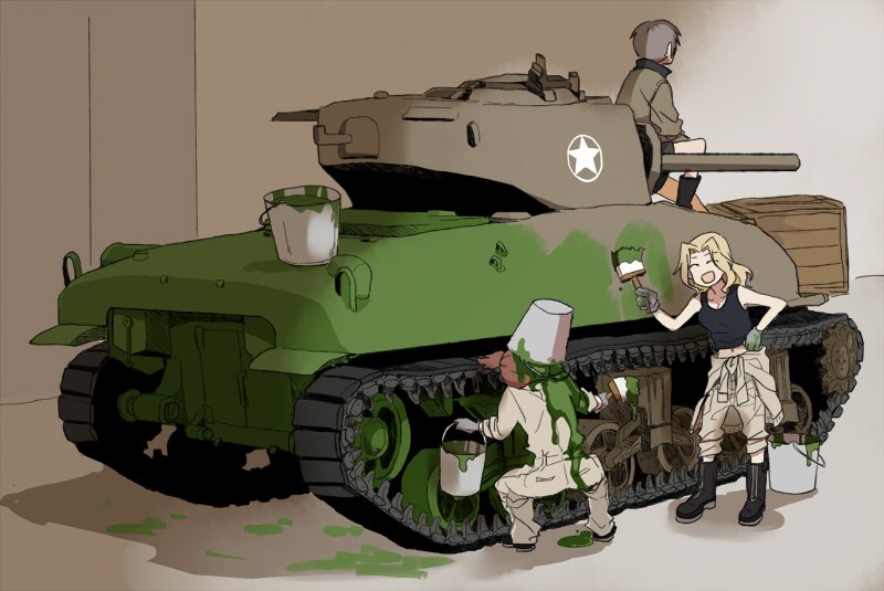 3girls :d alisa_(girls_und_panzer) black_footwear black_shirt black_shorts blonde_hair boots brown_jacket bucket commentary_request emblem eyes_closed facing_another girls_und_panzer gloves grey_gloves ground_vehicle hair_intakes hand_on_hip holding_brush jacket kay_(girls_und_panzer) long_hair long_sleeves m4_sherman midriff military military_uniform military_vehicle motor_vehicle multiple_girls naomi_(girls_und_panzer) navel open_mouth overalls paint paint_splatter paintbrush painting ree_(re-19) saunders_military_uniform shadow shirt shirt_pull short_hair short_twintails shorts sitting smile squatting standing star tank tank_top tied_shirt twintails uniform very_short_hair