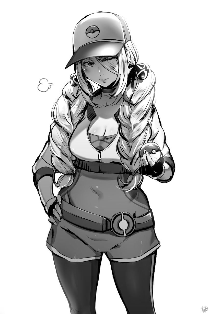 =3 artist_name bangs baseball_cap blush braid breasts cleavage closed_mouth cosplay covered_navel cowboy_shot cropped_jacket female_protagonist_(pokemon_go) female_protagonist_(pokemon_go)_(cosplay) fingerless_gloves gloves greyscale hair_over_one_eye hand_on_hip hat highres holding holding_poke_ball iku_(ikuchan_kaoru) large_breasts leggings long_hair looking_at_viewer md5_mismatch monochrome poke_ball pokemon pokemon_(game) pokemon_dppt pokemon_go revision shirona_(pokemon) signature simple_background sleeves_past_elbows smile solo twintails twintails_day
