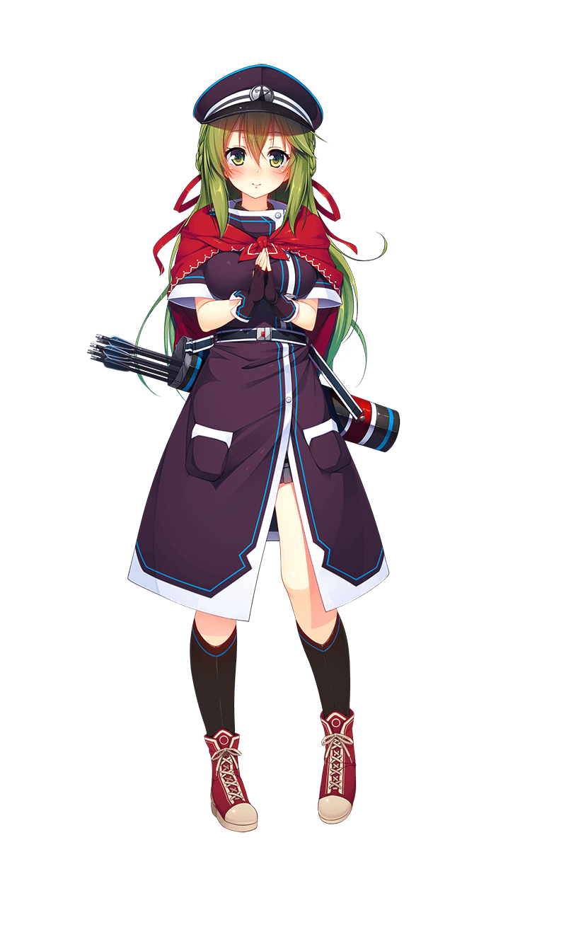 1girl aristear_remain arrow black_legwear blush braid buttons eyebrows_visible_through_hair eyes_visible_through_hair female green_eyes green_hair hair_ribbon hat ichinose_anzu kneehighs long_hair looking_at_viewer matching_hair/eyes official_art peaked_cap quiver shiny shiny_hair shiny_skin smile sneakers solo standing transparent_background weapon