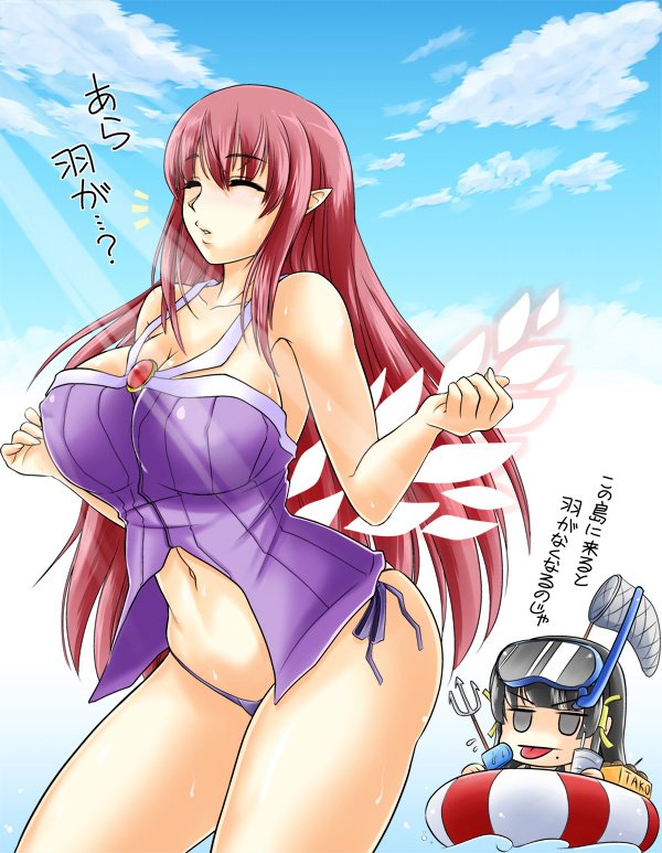 2girls ^_^ arcana_heart arcana_heart_2 bare_arms bare_shoulders breasts butterfly_net character_request chibi clarice_di_lanza cleavage closed_eyes collarbone commentary_request cowboy_shot cup day diving_mask_on_head food forester hair_ribbon hand_net innertube kasuga_maori large_breasts long_hair multiple_girls navel panties parted_lips pointy_ears polearm popsicle purple_panties red_hair ribbon side-tie_panties sidelocks stomach sunlight takoyaki translation_request tress_ribbon trident underwear weapon wings yunomi