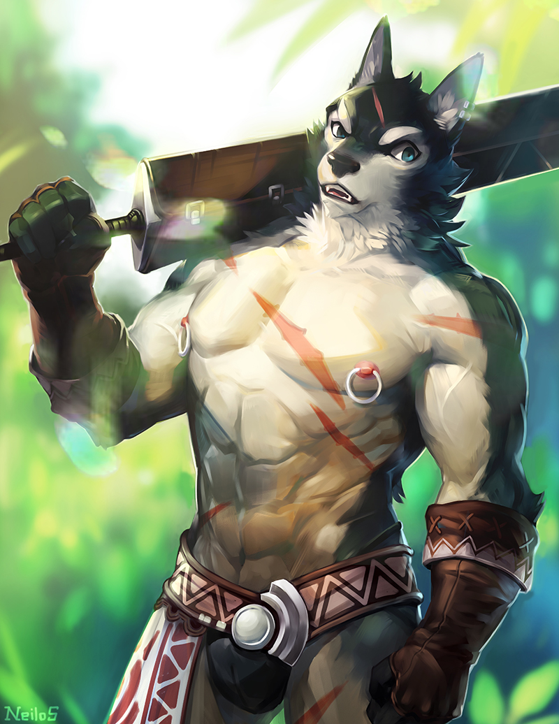2017 abs anthro belt black_fur blue_eyes blurred_background canine clothed clothing fur gloves grey_fur male mammal melee_weapon moodraw nipple_piercing nipples piercing pink_nipples scar simple_background solo standing sword topless underwear weapon white_fur wolf