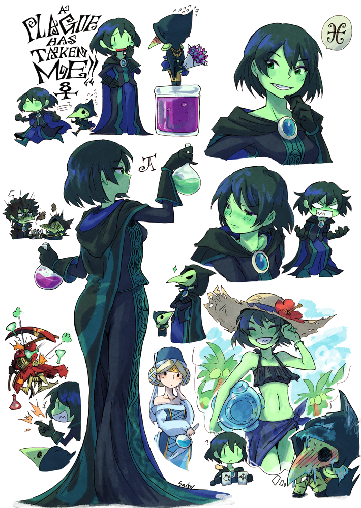 2girls blush brooch dress flower gloves green_eyes green_skin hat height_difference jewelry magicist_(shovel_knight) mona_(shovel_knight) multiple_boys multiple_girls plague_doctor_mask plague_knight potion sachy_(sachichy) shovel_knight specter_knight sun_hat sweat sweating_profusely swimsuit thought_bubble