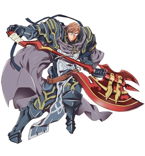 armor armored_boots axe boots brown_eyes brown_hair crusty_(log_horizon) full_armor gauntlets glasses hara_kazuhiro holding holding_weapon log_horizon male_focus official_art shoulder_armor simple_background solo spaulders weapon white_background