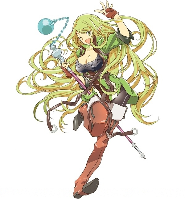 boots breasts brown_footwear brown_gloves brown_legwear cleavage eyebrows_visible_through_hair fingerless_gloves floating_hair full_body gloves green_eyes green_hair hara_kazuhiro holding holding_staff large_breasts leg_up log_horizon long_hair marielle_(log_horizon) official_art one_eye_closed open_mouth pointy_ears simple_background solo staff standing thigh_boots thighhighs very_long_hair white_background