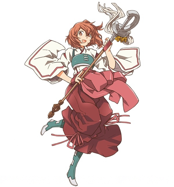 brown_eyes brown_hair eyebrows_visible_through_hair hakama hara_kazuhiro holding japanese_clothes kimono leg_up log_horizon miko minori_(log_horizon) official_art open_mouth pink_ribbon red_hakama ribbon short_hair simple_background solo staff standing white_background