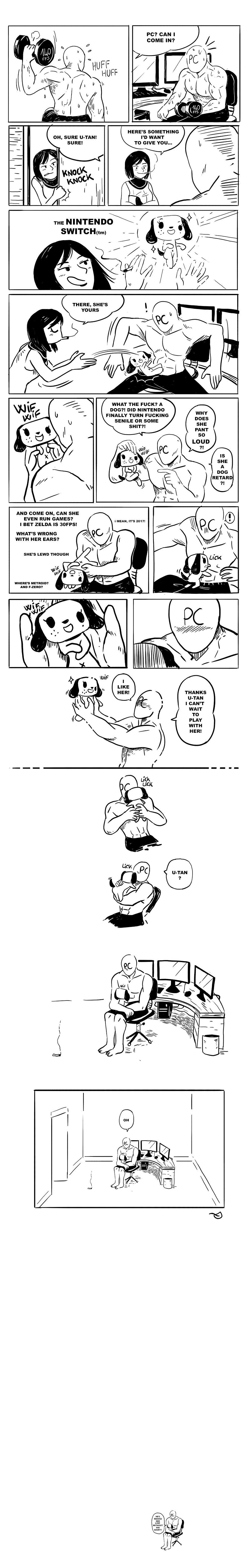 anonymous_artist anthro canine comic computer english_text female male mammal sweat switch_dog text wii_u