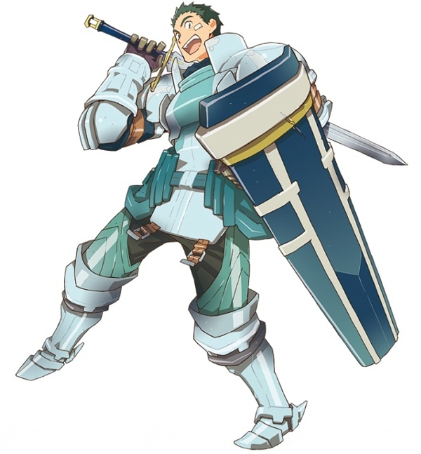 armor armored_boots boots brown_gloves full_armor gloves green_hair hara_kazuhiro holding holding_shield holding_sword holding_weapon log_horizon male_focus naotsugu_(log_horizon) official_art open_mouth shield short_hair shoulder_armor simple_background solo spaulders sword very_short_hair weapon white_background