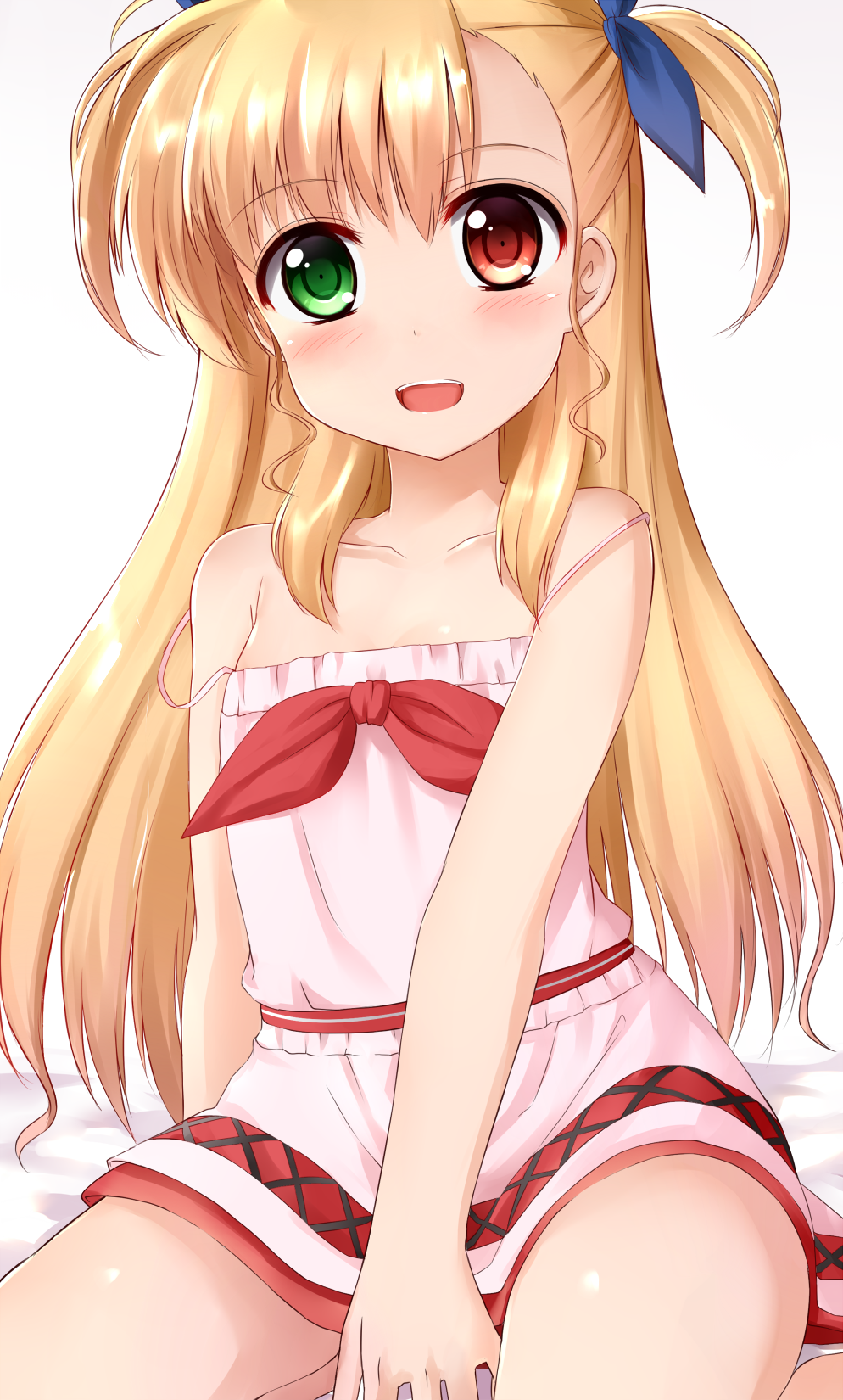 1girl bare_shoulders blonde_hair blush breasts collarbone eyebrows eyebrows_visible_through_hair green_eyes hair_ornament hair_ribbon heterochromia highres long_hair lyrical_nanoha mahou_shoujo_lyrical_nanoha_strikers mahou_shoujo_lyrical_nanoha_vivid open_mouth red_eyes ribbon shiny shiny_hair shiny_skin simple_background sitting skywalker0610 small_breasts smile solo tongue vivio white_background