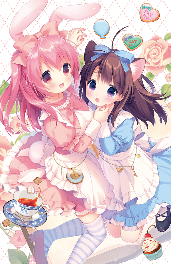:d alice_(wonderland) alice_(wonderland)_(cosplay) alice_in_wonderland animal_ears black_hair book bow bunny_ears cat_ears cherry circle_name collaboration commentary_request cosplay cupcake eat_me flower food fruit hair_bow heart key long_hair looking_at_viewer multiple_girls open_book open_mouth original pink_hair piyodera_mucha pocket_watch print_cup purple_eyes red_eyes sakura_(usashiro_mani) smile striped striped_legwear sugar_cube tail thighhighs usashiro_mani watch
