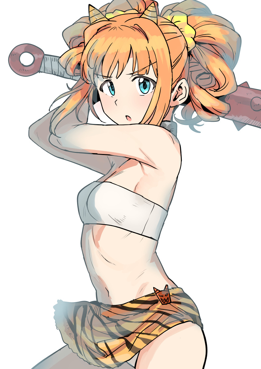 1girl :o aqua_eyes armpits arms_up bangs bare_arms bare_shoulders bikini bikini_under_clothes blush breasts cleavage club commentary_request cowboy_shot hair_ornament hair_scrunchie highres holding holding_weapon horns idolmaster idolmaster_(classic) long_hair looking_at_viewer miniskirt navel open_mouth orange_hair orange_skirt scrunchie setsubun sidelocks simple_background skirt small_breasts solo spiked_club stomach strapless strapless_bikini striped striped_skirt swimsuit takatsuki_yayoi tareme tsurui twintails upskirt v-shaped_eyebrows weapon white_background white_bikini