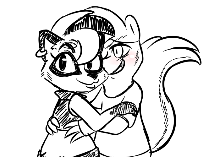 2017 anthro blush claws clothed clothing disney ear_piercing fan_character female hug hugh_muskroura inkyfrog looking_at_viewer male mammal piercing raccoon restricted_palette roxy_(inkyfrog) simple_background skunk smile white_background zootopia