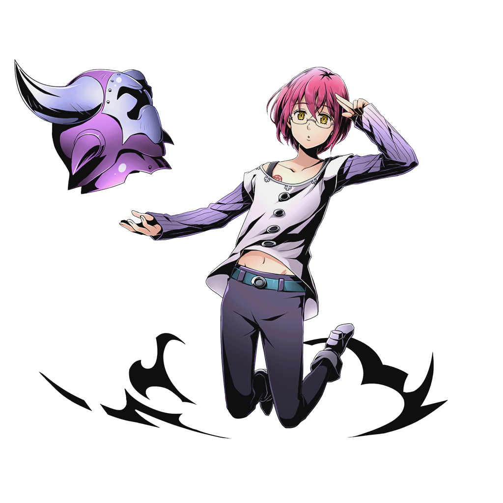 alpha_transparency androgynous belt collarbone divine_gate full_body glasses gowther groin helmet looking_at_viewer male_focus nanatsu_no_taizai navel official_art purple_hair shadow shirt solo transparent_background ucmm yellow_eyes
