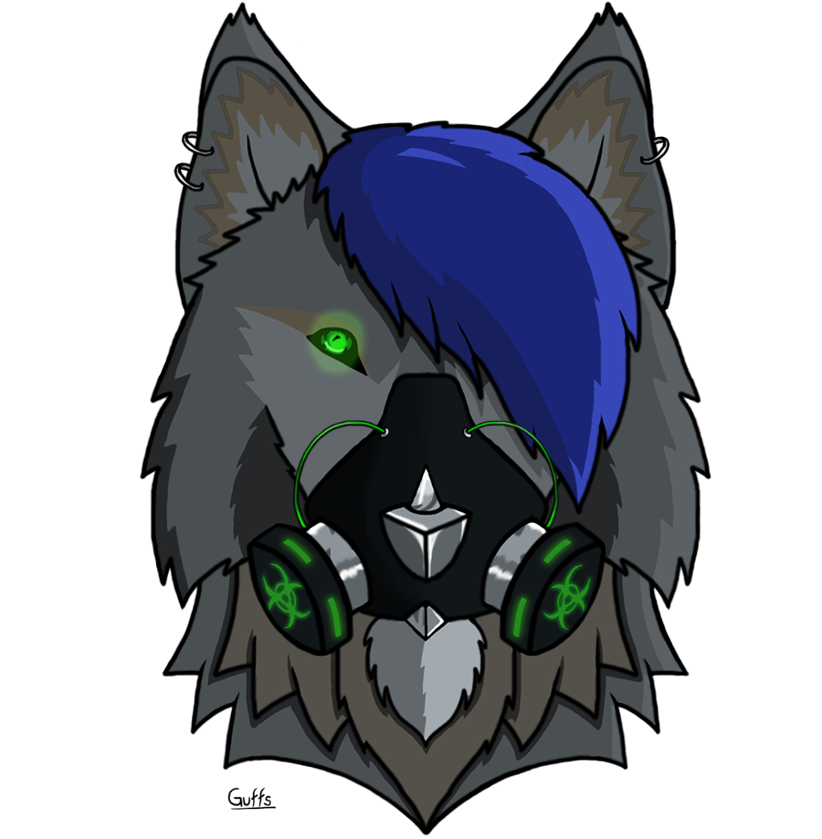 2017 alpha_channel anthro blue_hair canine cyber cybergoth ear_piercing fur gas_mask glowing green_eyes guffs hair invalid_color invalid_tag looking_at_viewer male mammal mask piercing simple_background solo transparent_background wolf