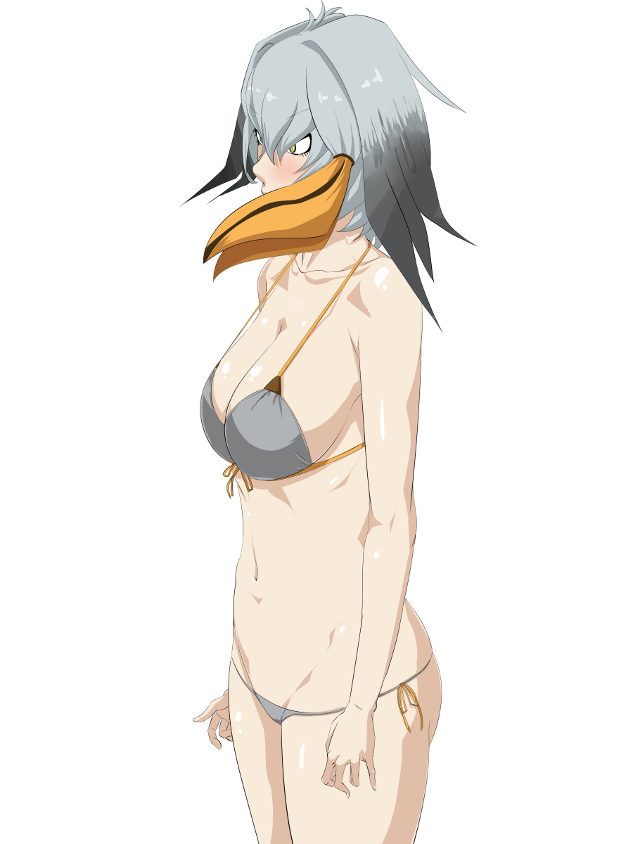bikini bird_wings blush breasts cleavage collarbone front-tie_top gradient_hair green_eyes grey_bikini grey_bikini_top head_wings highres kemono_friends large_breasts multicolored_hair navel shoebill_(kemono_friends) short_hair side-tie_bikini skindentation solo swimsuit tsubooi white_background wings