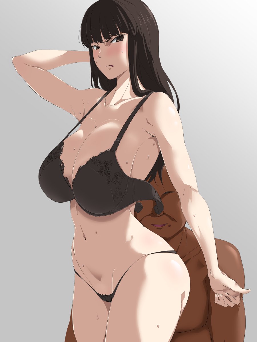 &gt;:( 1girl bangs black_bra black_eyes black_hair black_panties blunt_bangs blush bra breasts cleavage collarbone commentary_request cowboy_shot curvy faceless faceless_male from_side frown girls_und_panzer glaring groin highres large_breasts lingerie long_hair looking_at_viewer looking_to_the_side mature navel nishizumi_shiho panties parted_lips scowl sideboob sidelocks stomach straight_hair sweat tsubooi underwear underwear_only untied_bra v-shaped_eyebrows