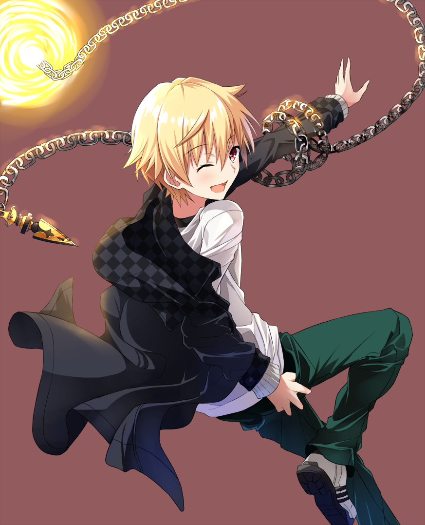 :d blonde_hair blush chain child_gilgamesh commentary_request enkidu_(weapon) eyebrows_visible_through_hair fate/hollow_ataraxia fate_(series) gate_of_babylon gilgamesh jacket looking_at_viewer looking_back male_focus one_eye_closed open_mouth red_eyes simple_background smile solo tsuedzu weapon younger