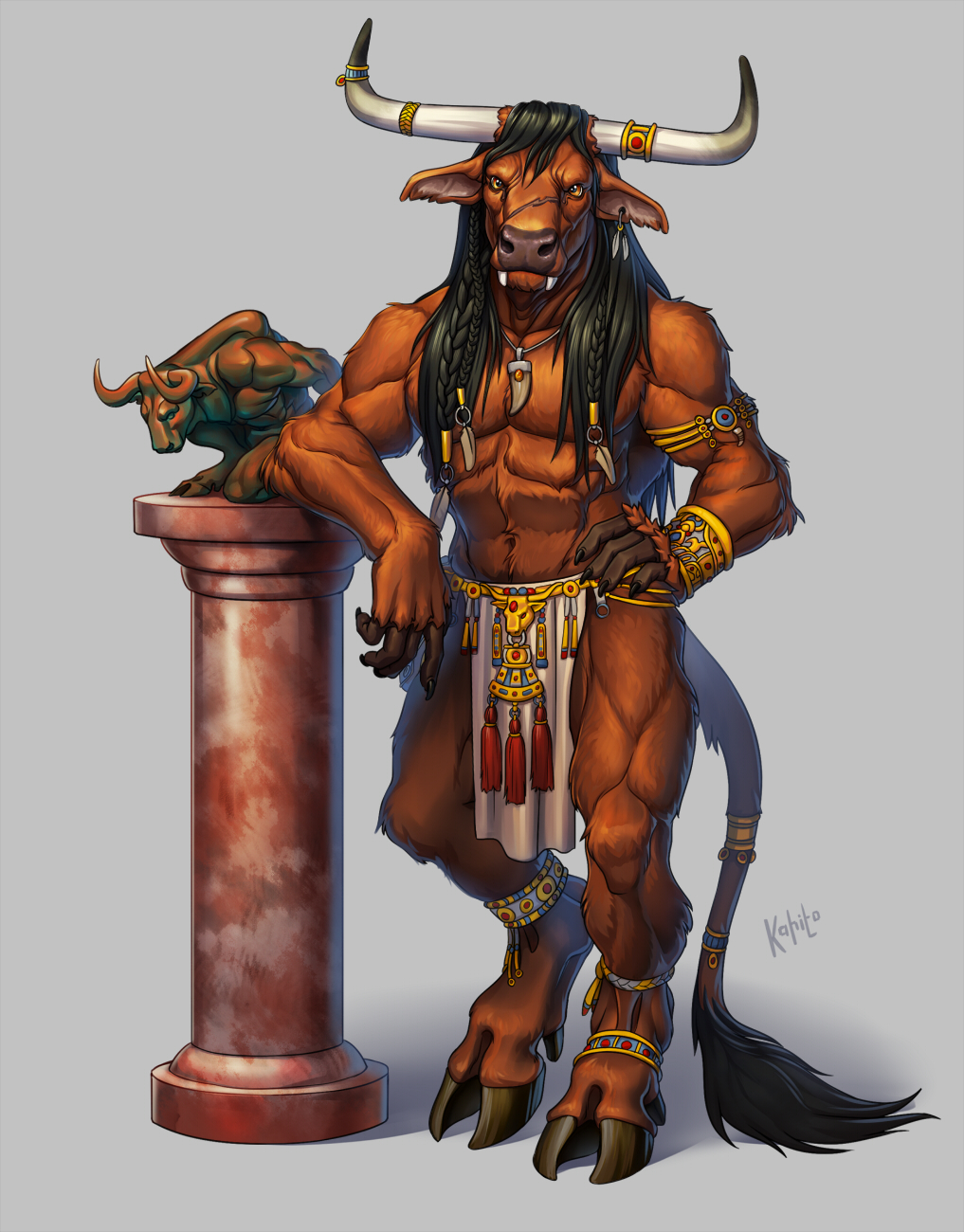 bovine braided_hair claws clothed clothing cloven_hooves fangs fur hair hooves horn kahito_slydeft_(artist) loincloth looking_at_viewer male mammal minotaur muscular muscular_male orange_eyes orange_fur sculpture solo standing statue topless