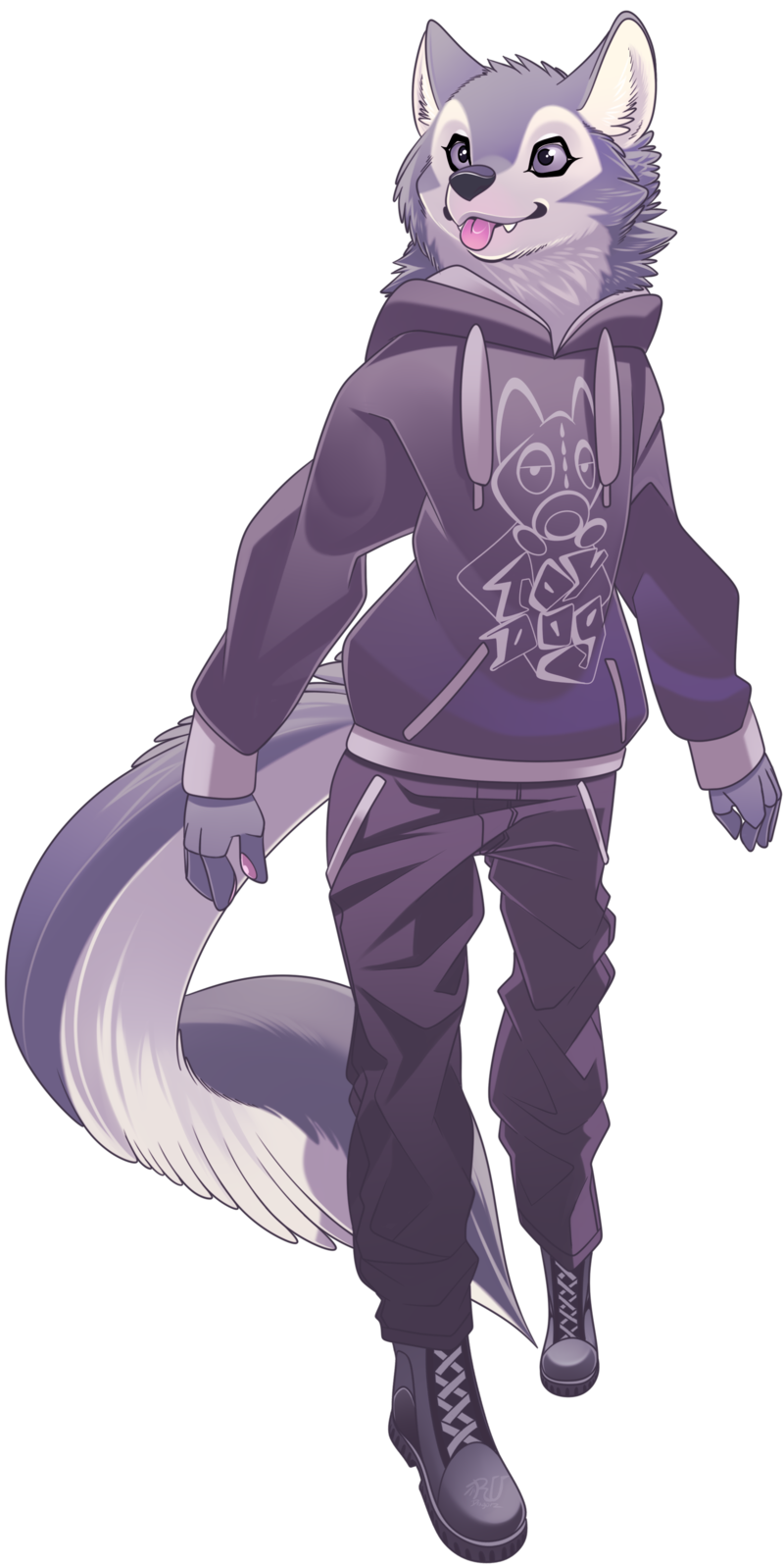 alpha_channel ambiguous_gender anthro boots canine clothing dog footwear fur grey_fur hoodie mammal pants purple_eyes rudragon tongue tongue_out white_fur wolf