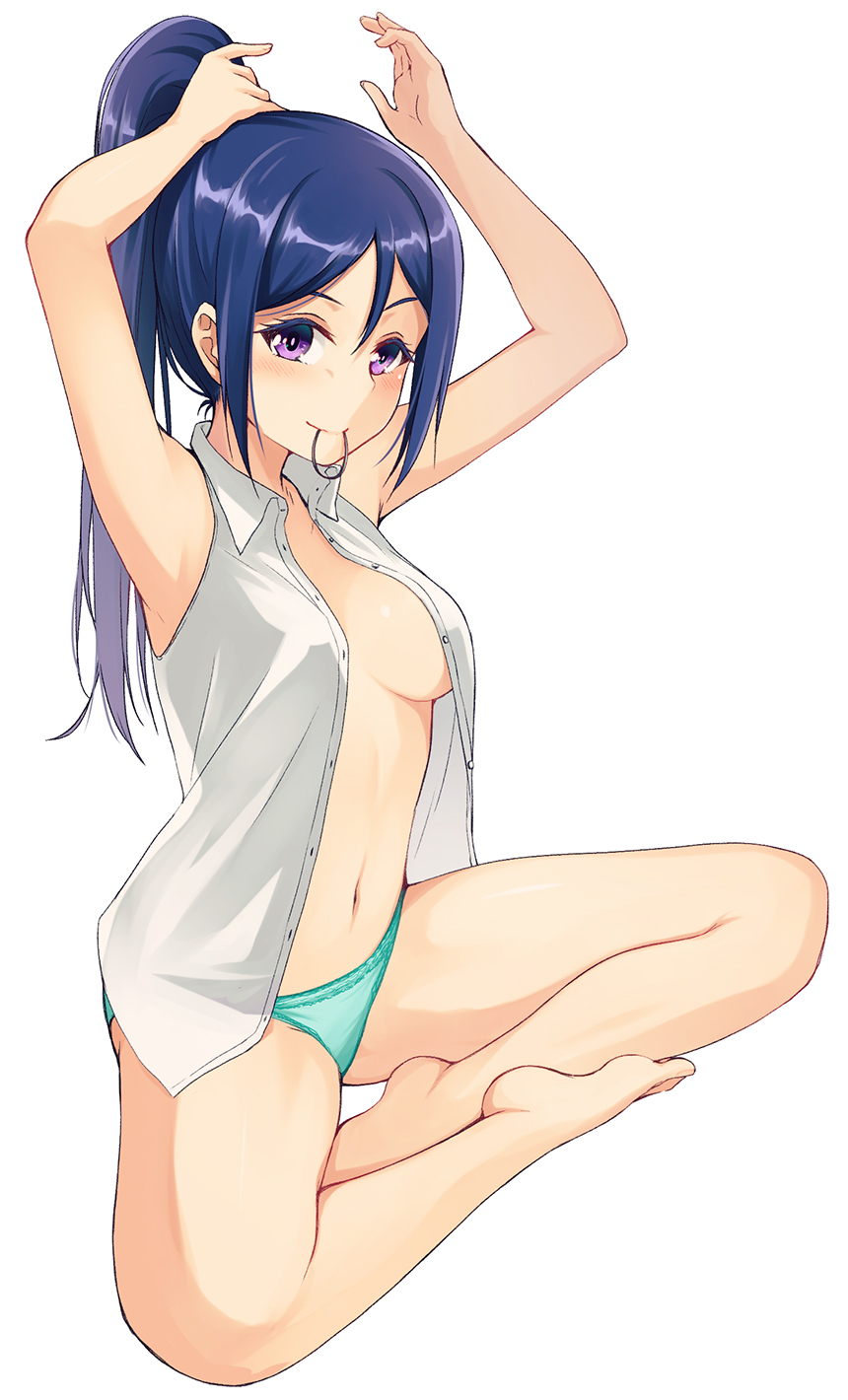 aqua_panties arms_up bare_legs barefoot blue_hair blush breasts cleavage crossed_ankles high_ponytail highres indian_style long_hair looking_at_viewer love_live! love_live!_sunshine!! matsuura_kanan medium_breasts mouth_hold nanotsuki navel open_clothes open_shirt panties ponytail purple_hair shiny shiny_hair shirt sidelocks simple_background sitting smile solo tying_hair underwear white_background