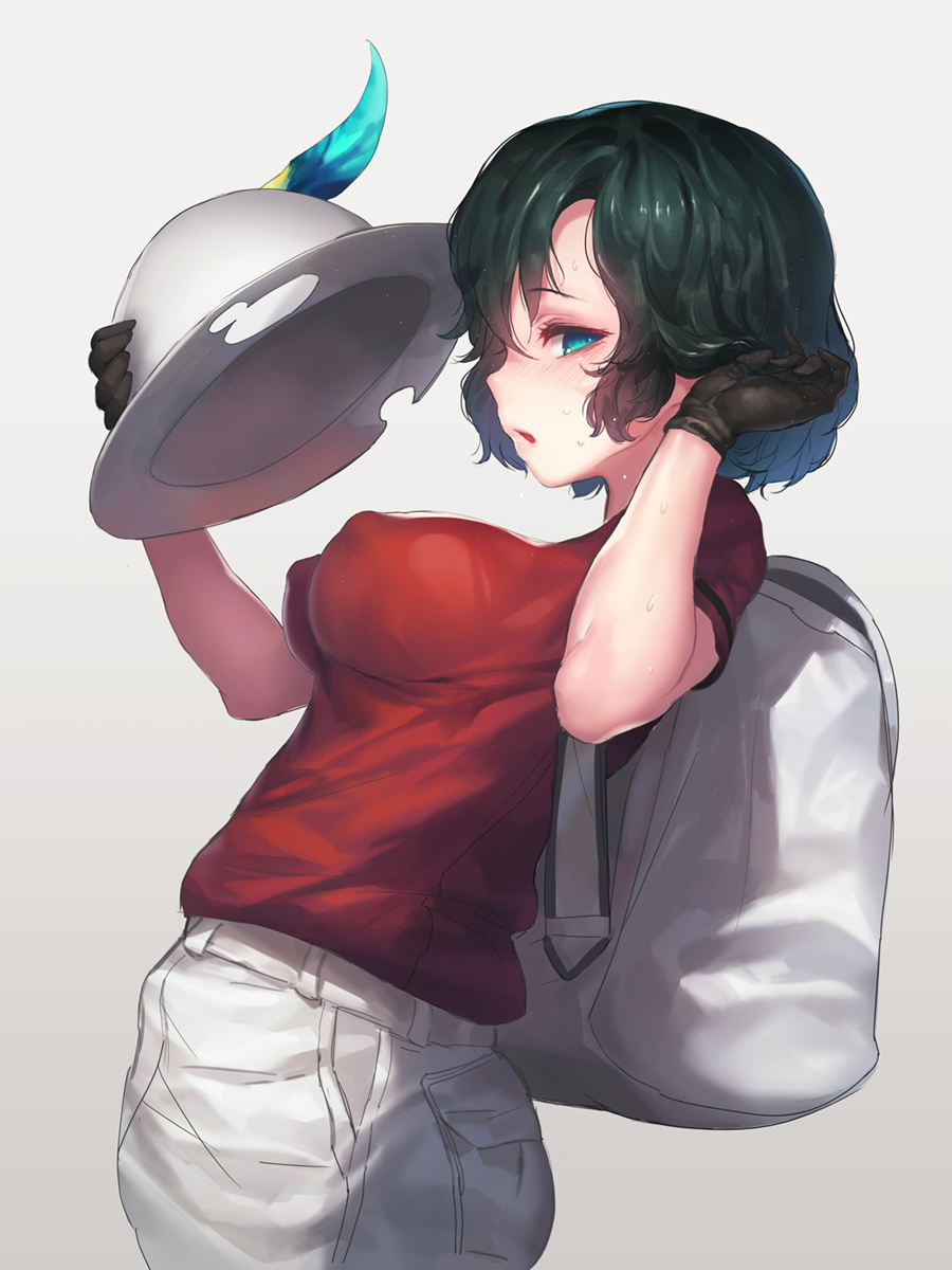 alternate_breast_size aqua_eyes backpack bag black_gloves black_hair blush breasts commentary covered_nipples from_side gloves grey_background hat hat_feather hat_removed headwear_removed heat helmet highres holding holding_hat hot kaban_(kemono_friends) kemono_friends large_breasts looking_at_viewer older open_mouth pith_helmet red_shirt samerupa shirt short_hair shorts simple_background solo sweat white_shorts