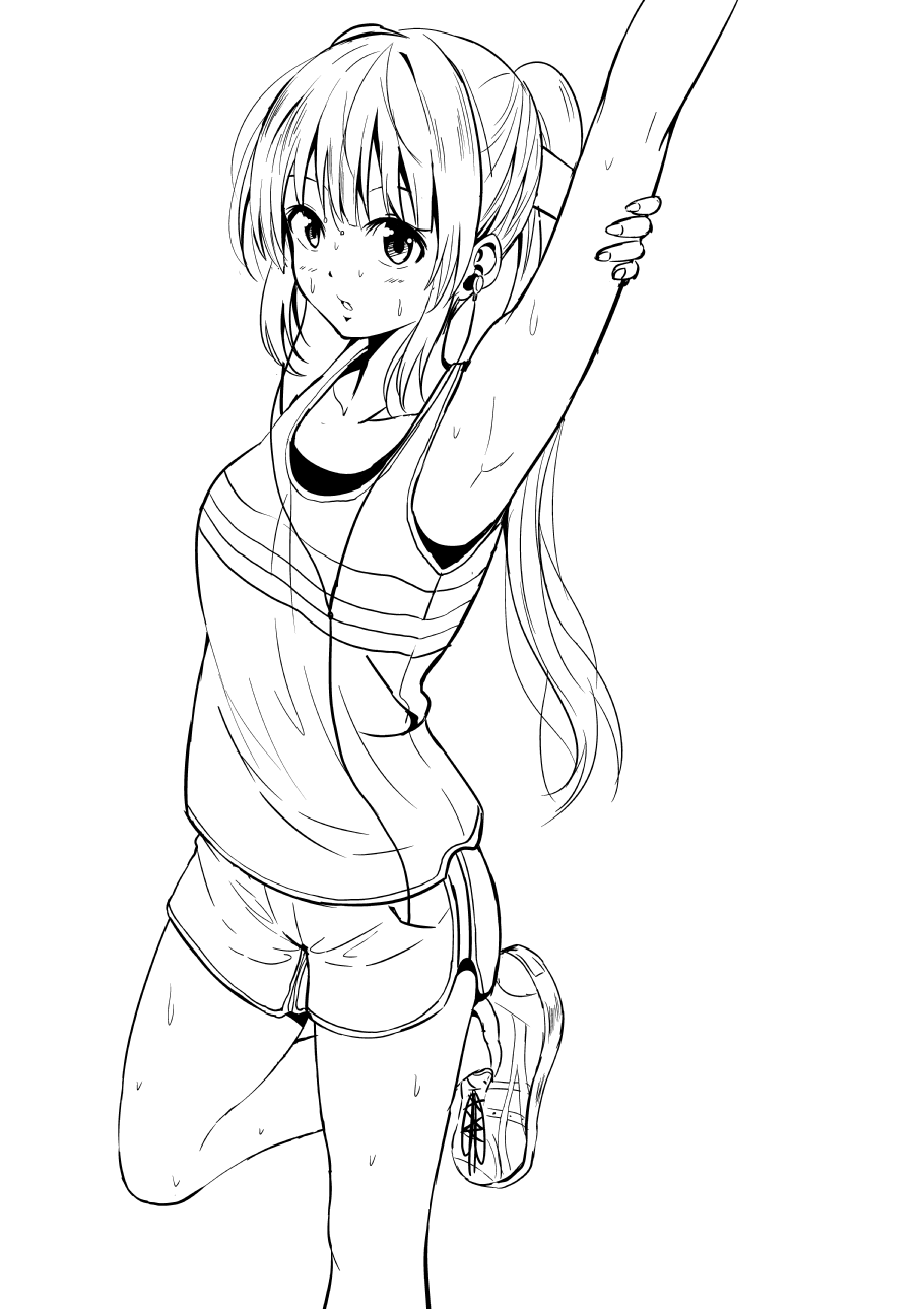 armpits arms_up attsun_(atsushi_jb) bangs blush breasts collarbone earbuds earphones greyscale gym_shorts highres leg_up lineart long_hair looking_at_viewer medium_breasts monochrome open_mouth original ponytail shoes shorts sneakers solo standing standing_on_one_leg stretch sweat tank_top
