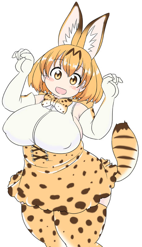 :d animal_ears blonde_hair blush blush_stickers bow bowtie breasts commentary_request corset covered_nipples dress elbow_gloves extra_ears fat fat_folds gloves head_tilt kemono_friends large_breasts looking_at_viewer multicolored_hair open_mouth paw_pose plump serval_(kemono_friends) serval_ears serval_tail short_hair sideboob smile solo spots spotted_skirt streaked_hair striped tail thick_thighs thighhighs thighs una_(13988ss) yellow_eyes zettai_ryouiki