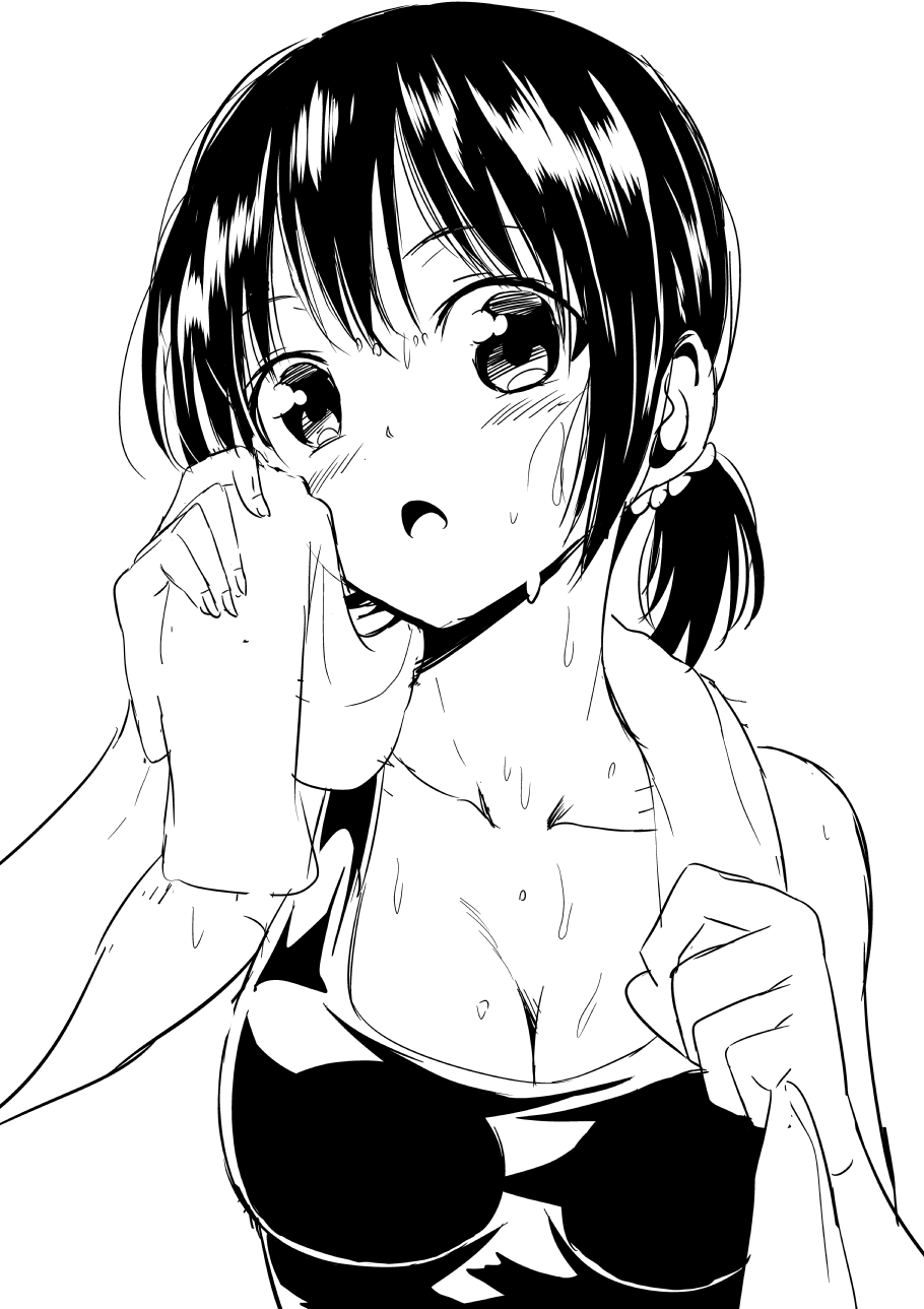 :o arm_up attsun_(atsushi_jb) bangs blush breasts cleavage collarbone greyscale hair_ornament hair_scrunchie highres large_breasts looking_at_viewer monochrome open_mouth original scrunchie solo sportswear sweat towel towel_around_neck upper_body wiping_face