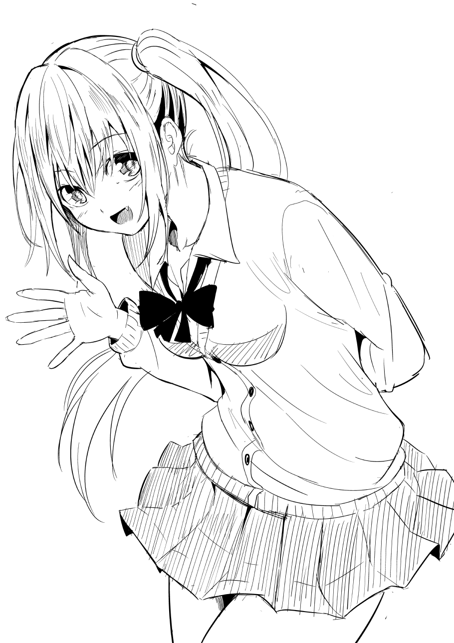:d arm_behind_back attsun_(atsushi_jb) bangs breasts cardigan collared_shirt contrapposto cowboy_shot eyebrows_visible_through_hair fang greyscale hair_between_eyes highres leaning_forward long_hair looking_at_viewer medium_breasts monochrome open_mouth original pleated_skirt school_uniform shirt side_ponytail skirt smile solo standing waving wing_collar