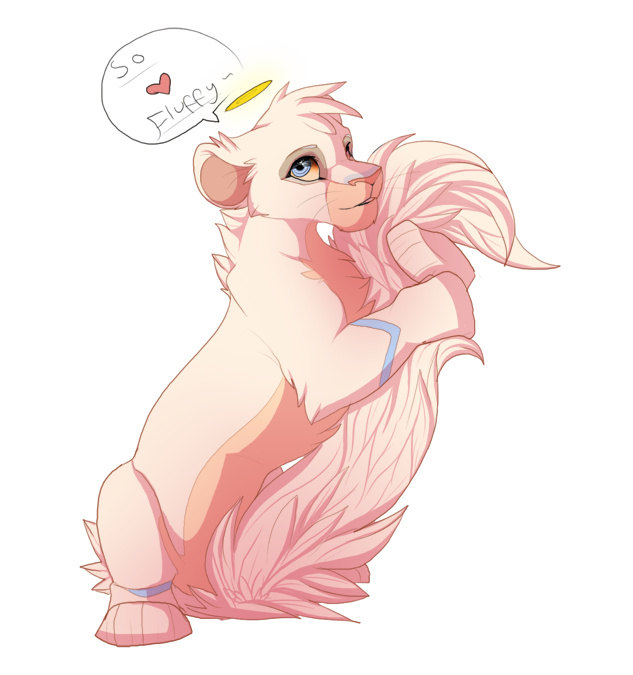 alpha_channel blue_eyes english_text feline female feral fluffy fluffy_tail fur kitchiki lion mammal paws pink_fur pink_nose simple_background sitting smile solo text transparent_background white_fur